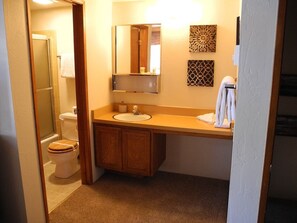 Hair dryer, towels, soap, shampoo