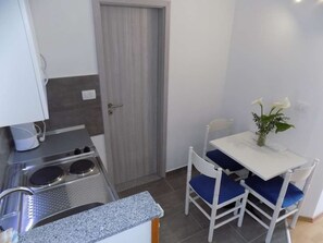 Fridge, stovetop, dishwasher, coffee/tea maker