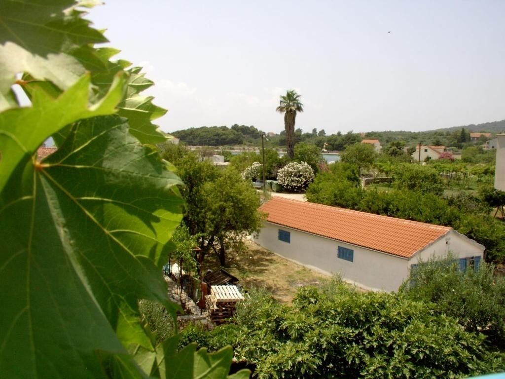 Un quartier résidentiel avec une maison dont le toit est recouvert de tuiles rouges, entourée de verdure et d’arbres.