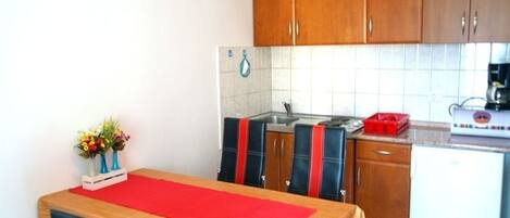 Fridge, coffee/tea maker, cookware/dishes/utensils