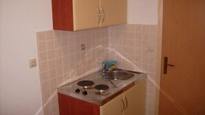 Una cucina compatta con fornelli, lavello e pensili in legno.