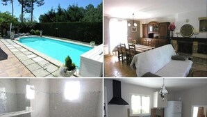 A swimming pool, a dining area, a bedroom, a bathroom, and a kitchen. - Independent house, 3 bedrooms, 6 people, private pool in Lacanau ocean (LACANAU OCEAN)