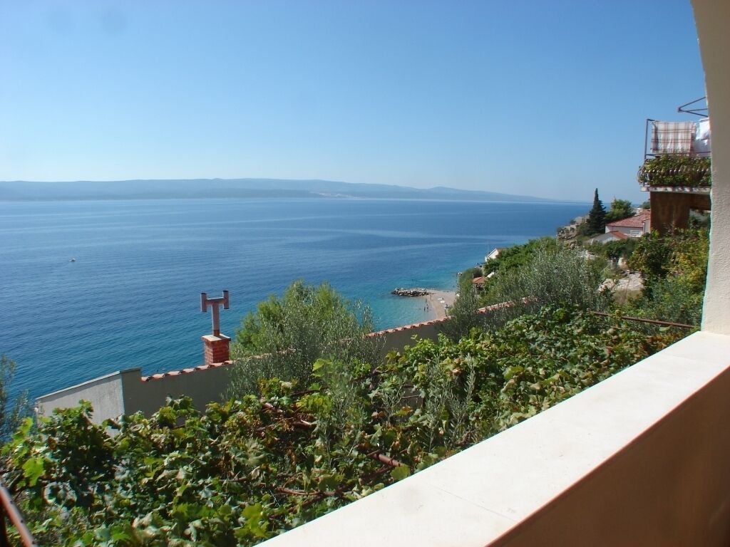 A coastal view with a clear sky, a balcony with greenery, and a distant shoreline.
