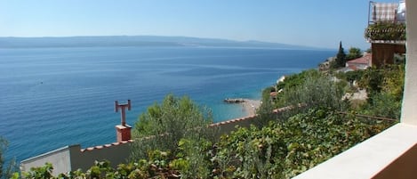 A coastal view with a clear sky, a balcony with greenery, and a distant shoreline.