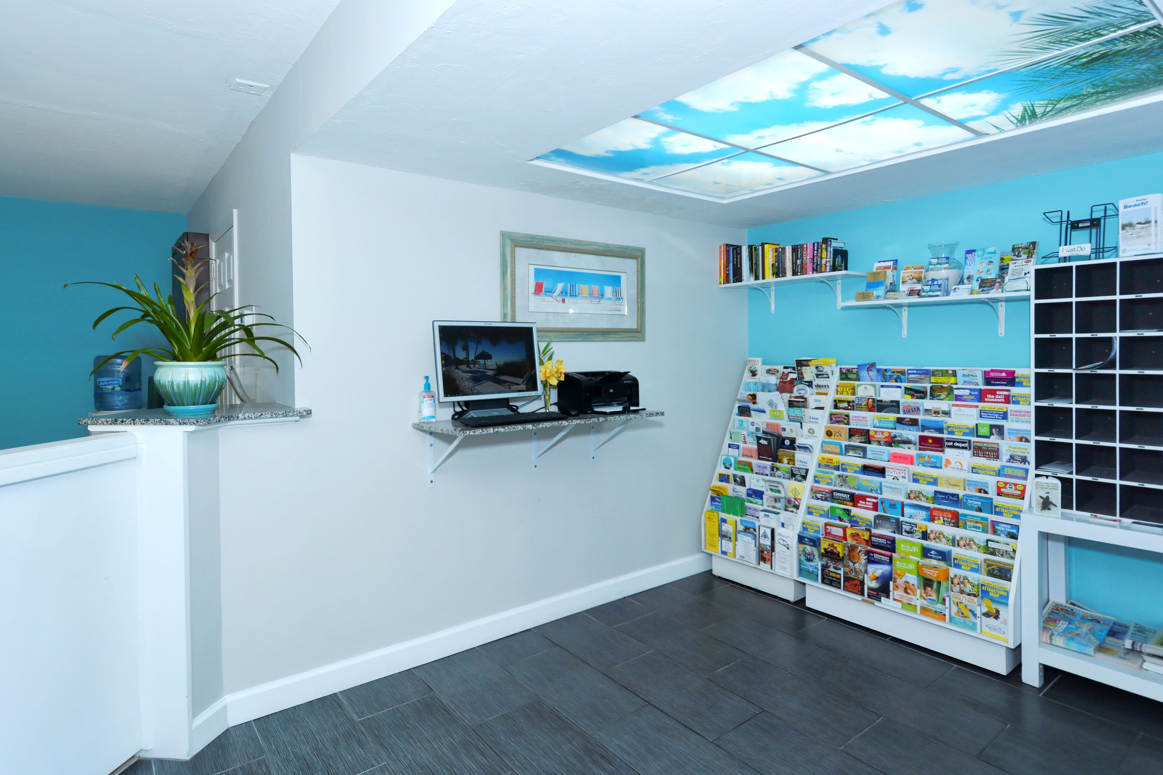 A reception area with a desk, computer, framed picture, potted plant, and a wall display of brochures.