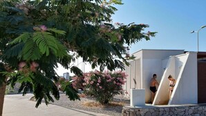 Un área de piscina exterior moderna con un muro de piedra y una terraza de madera, rodeada de exuberante vegetación y plantas en flor.