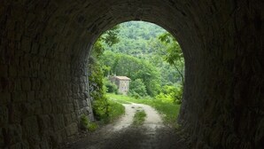 A stone archway leading to a dirt path with a house in the distance surrounded by greenery. - Apartment in Bašanija with Terrace, Air condition, WIFI, Dishwasher (113-4) (Bašanija)
