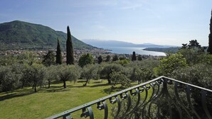 Vista panorámica de un pueblo con una montaña, árboles y un lago.