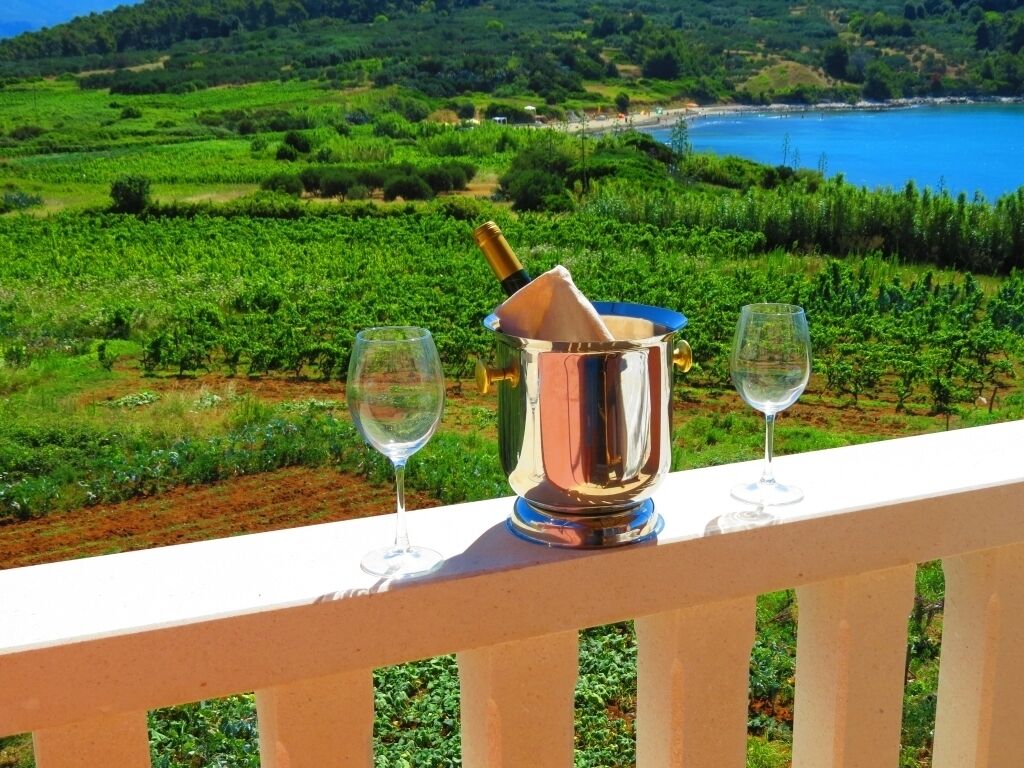 A champagne bottle in a metal bucket with two glasses on a balcony overlooking a vineyard and a coastal view.