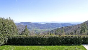 Blick auf eine gebirgige Landschaft mit einem Hecken im Vordergrund.