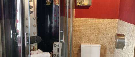 Un baño con ducha acristalada, inodoro y bidé.