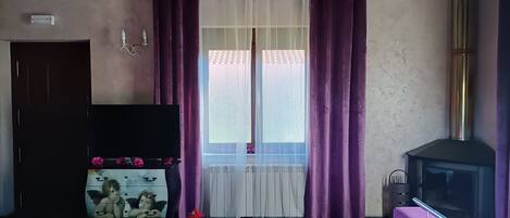 TV, fireplace, books, stereo