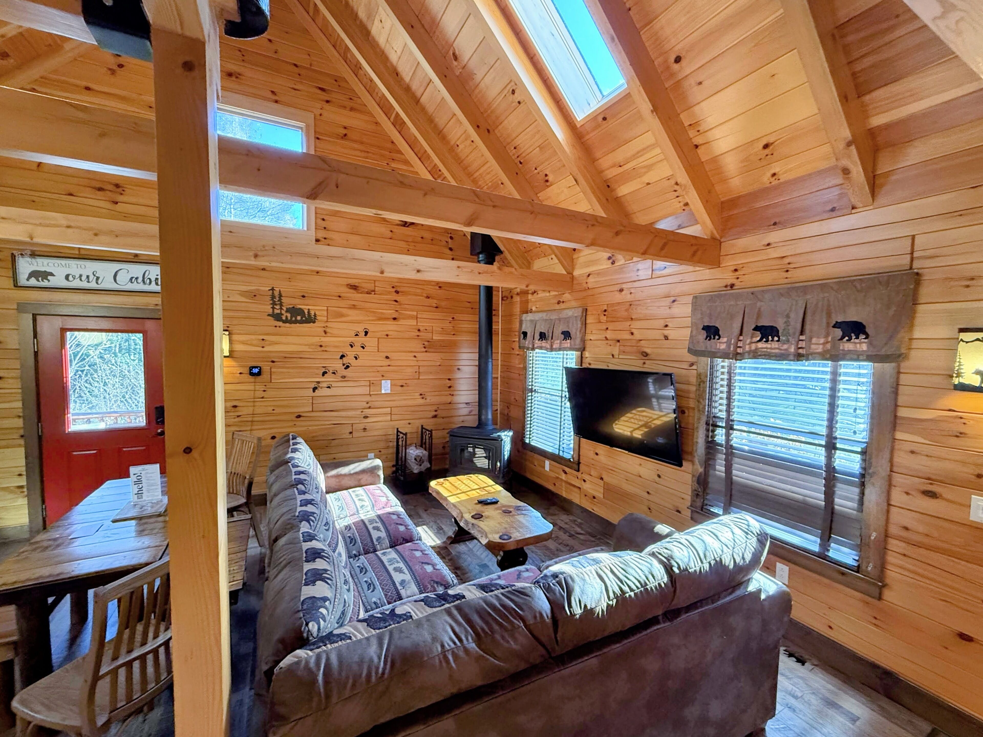 TV, fireplace, video library