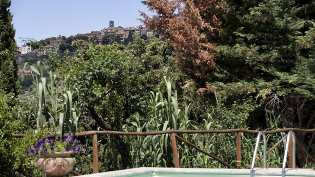 A swimming pool with a view of a hillside town.