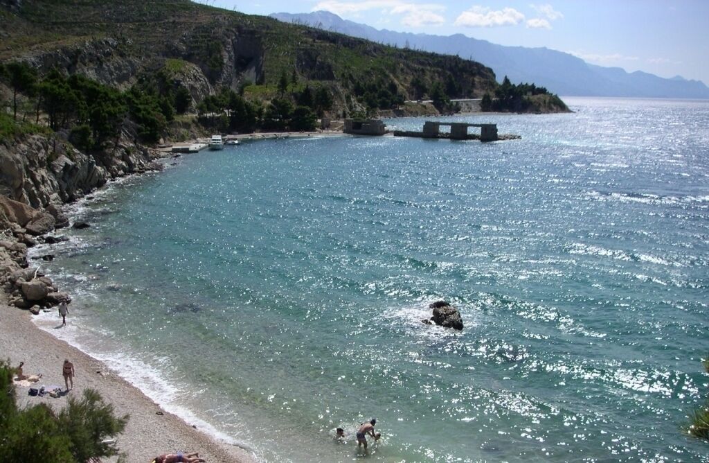 A coastal area with clear water, rocky shores, and a distant mountain range.