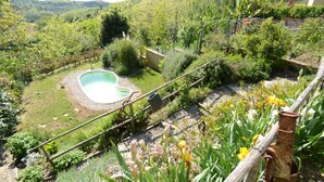 A garden with a swimming pool, surrounded by lush greenery and a wooden fence. - Country House / Farm House in Aiale with 3 bedrooms sleeps 8 (Aiale)
