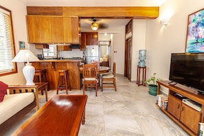 Un vaste espace de vie comprenant un ensemble de salle à manger en bois, un canapé, une table basse et un téléviseur posé sur un meuble en bois.