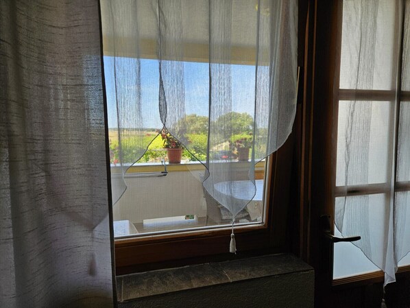 A window with sheer curtains, a potted plant on the windowsill, and a view of greenery outside. - Studio apartment in Nin with Terrace, Air condition, WIFI (3722-5) (Nin)