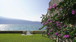 Une vue côtière avec un mur de pierre recouvert de fleurs violettes, une zone herbeuse et une mer bleue et limpide.