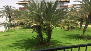 A balcony with a view of a well-maintained lawn and palm trees, with buildings in the background. - Very nice apartment in Marina Agadir 4408 (Agadir)