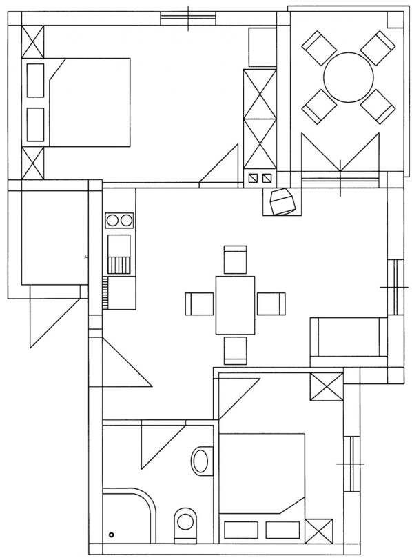 A floor plan with a kitchen, dining area, and a circular seating arrangement. - Apartment in Punat with Balcony, Air condition, WIFI, Washing machine (3590-1) (Punat)
