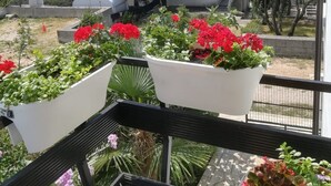 Un balcon agrémenté de plantes en pot, offrant une vue sur une étendue d’eau et sur des montagnes lointaines.