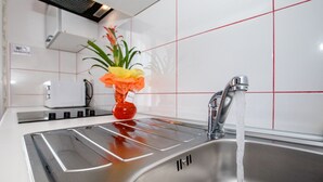 A modern kitchen with a stainless steel sink, a vase with flowers, and a water faucet. - Apartment in Lopar with Terrace, Air condition, WIFI, Washing machine (4360-2) (Lopar)