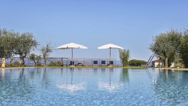 A clear swimming pool with lounge chairs and umbrellas, surrounded by trees and a clear sky.