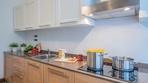 A modern kitchen with wooden cabinets, a stainless steel range hood, and an induction cooktop. - Ca' Del Monastero 4 Collection (Venezia)
