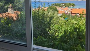 Vista desde una ventana a una zona costera con edificios, vegetación y cielo despejado.