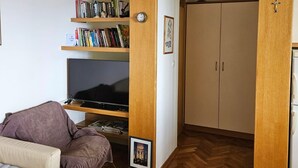 Un espacio habitable compacto con sofá, televisión, estantería y armario.