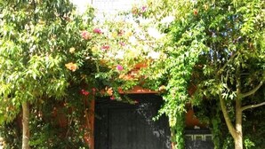 A black door with a brass plate, surrounded by lush greenery and flowering plants. - Level of villa in Marrakech 3557 (Marrakech)