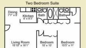 A two-bedroom suite layout with a dining area, kitchen, two bathrooms, a living room, two bedrooms, and a screened patio. - Partial Beach View 2 bed, 2 bath at Sanibel Moorings #732 (Sanibel)