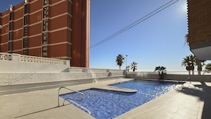 A swimming pool with a tiled deck, surrounded by a low wall and palm trees. - A59 CALPEMAR A 5º 18 (Calpe)
