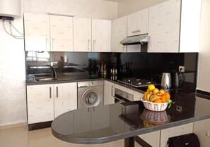 Fridge, oven, stovetop, cookware/dishes/utensils