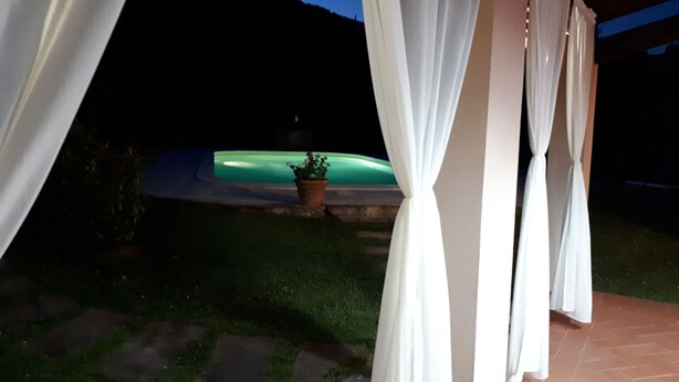 Un espacio al aire libre cubierto con cortinas blancas, una planta en maceta y vistas a una piscina iluminada en verde.