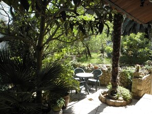 An outdoor patio with a stone wall, a palm tree, and a table with chairs.
