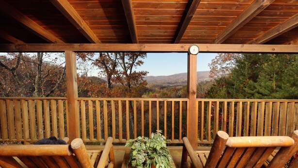 Una terraza de madera con una mesa y sillas, una planta en maceta y vistas a árboles y montañas.