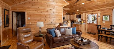 Flat-screen TV, fireplace, video games, DVD player