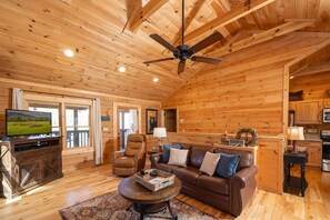 Flat-screen TV, fireplace, video games, DVD player