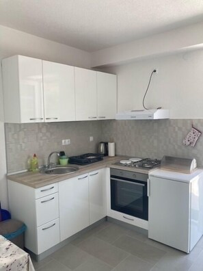 Fridge, stovetop, dishwasher, coffee/tea maker