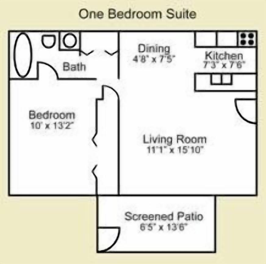 Plànol d'un suite d'una habitació amb bany, dormitori, saló, zona de dinar, cuina i terrassa coberta.