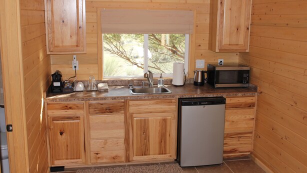 A wooden cabin kitchen with a dishwasher, a microwave, and a sink.
