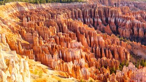 A vast canyon with rugged, layered rock formations.