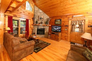 Flat-screen TV, fireplace, DVD player, table tennis