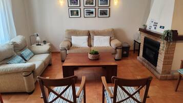 TV connectée, cheminée, lecteur de DVD, livres