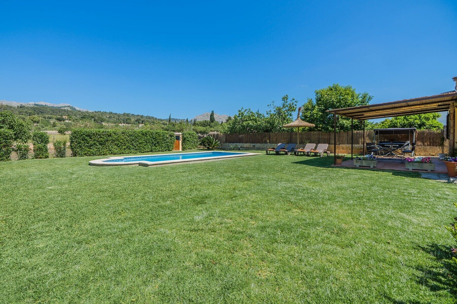 A backyard with a swimming pool, a barbecue area, and a covered patio.