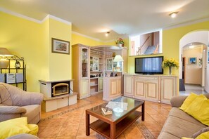 TV, fireplace