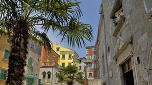 A narrow street with cobblestone pavement, a palm tree, and colorful buildings with balconies and shutters. - Holiday Home in Ripenda Kras with Loggia, Air condition, WIFI, Washing machine (676-1) (Ripenda Kras)