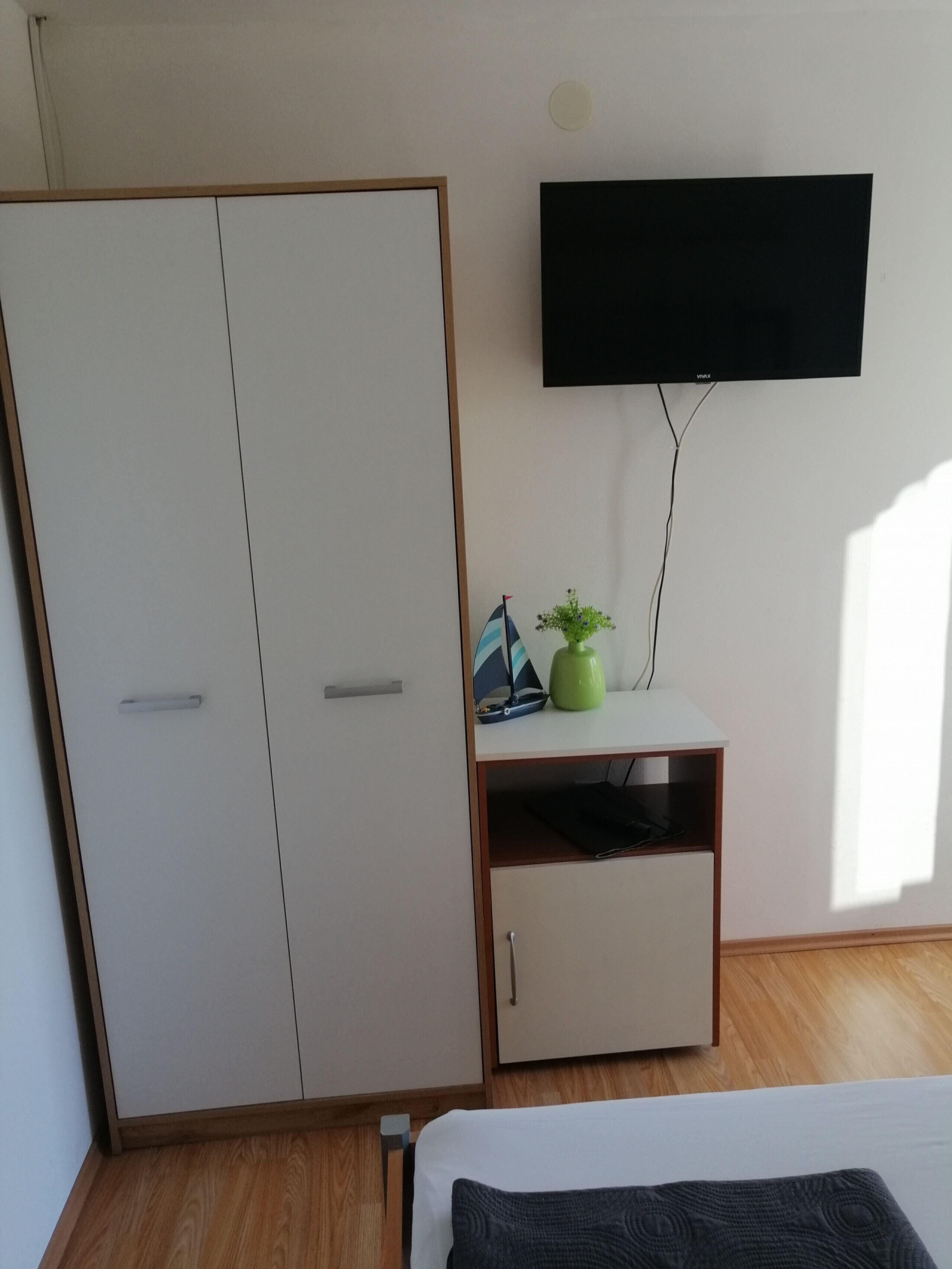 Ein Schlafzimmer mit Kleiderschrank, Wand-Fernseher, einem kleinen Tisch mit Pflanze und einem Bett.